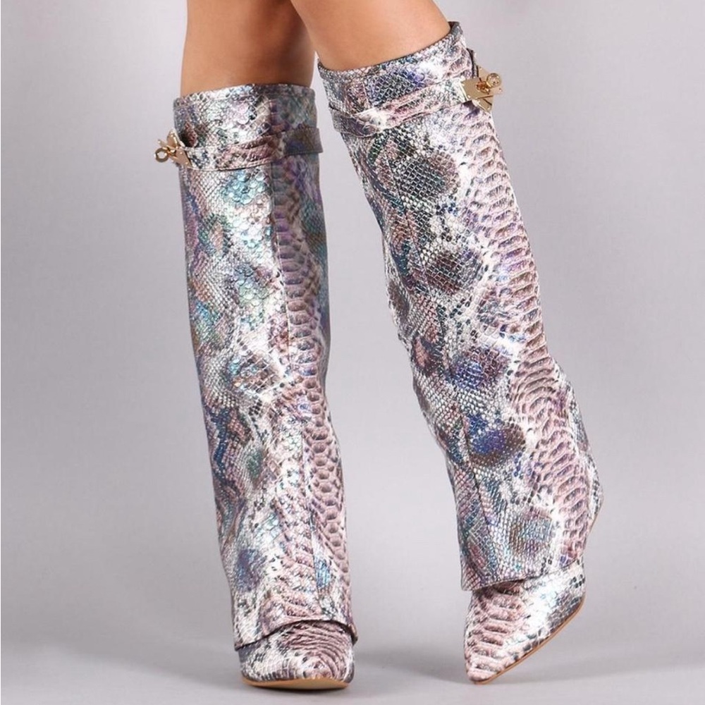 Cape Robbin Snakeskin Heel Boots - Pink and Gray